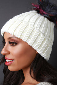 Colored Faux Fur Pompom Cuff Beanie - visitors