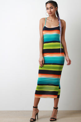 Vibrant Horizontal Striped Midi Dress - visitors