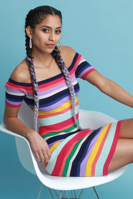 Colorful Striped Ribbed Knit Bardot Dress - visitors