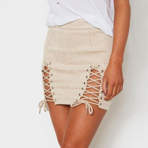 Malibu Casual, Lace Up Faux Leather Suede Pencil Skirt - visitors