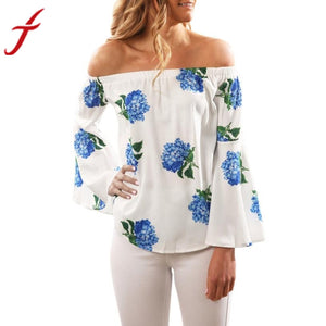 Long Sleeve Flare Sleeve Blouse 2017 Sexy Women Off Shoulder Floral Print Blusa Large Casual Slash Neck Summer Beach Tops Shirt - visitors